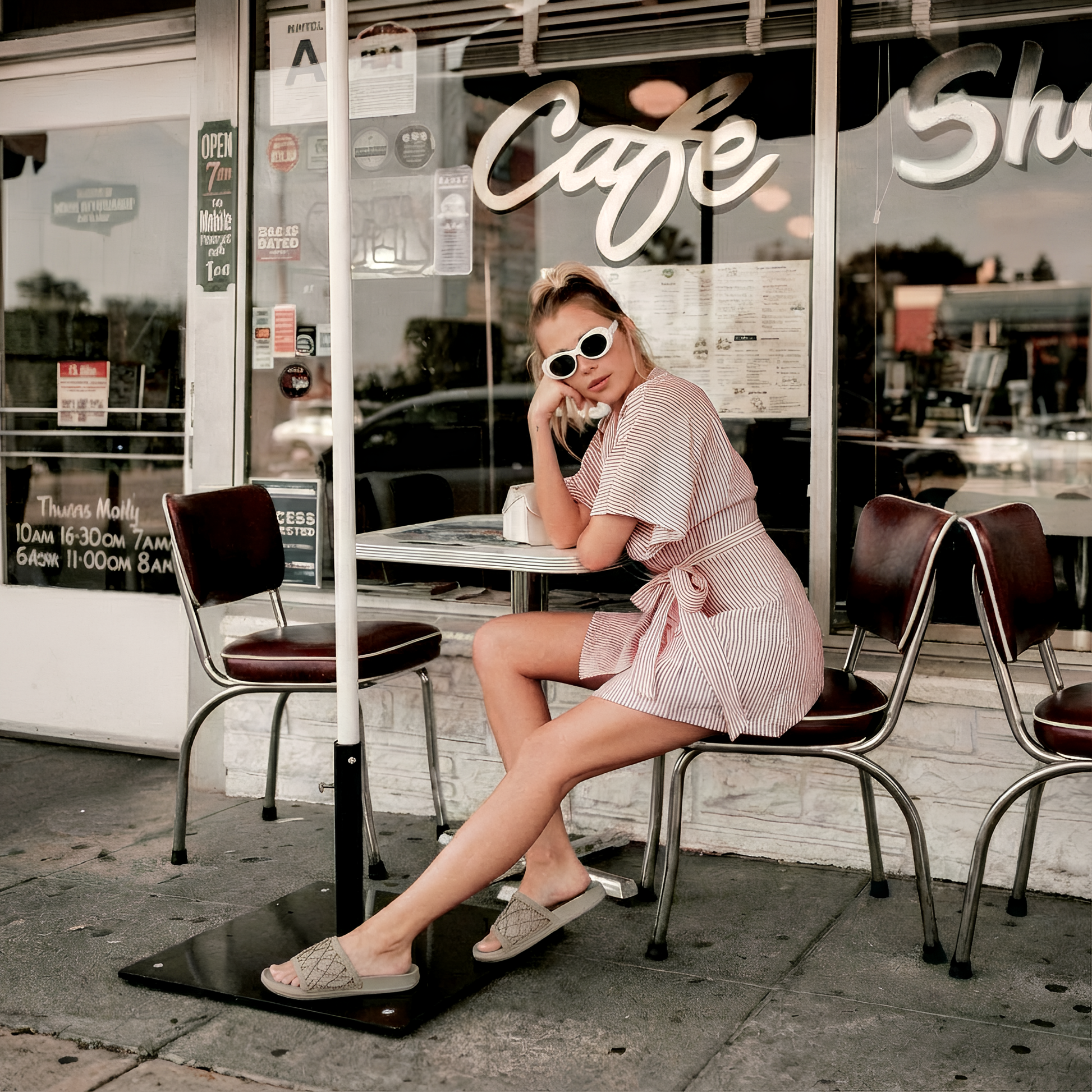 Woman wearing stylish slides lounges outside café, modeling Toucan Toes footwear