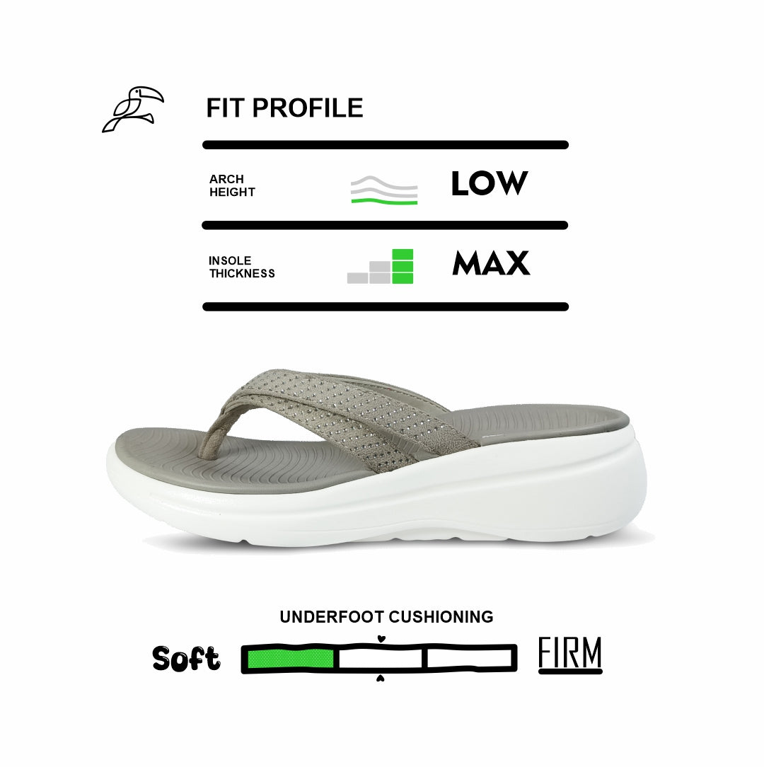 Beige Toucantoes flip-flop with max insole thickness, low arch, and soft cushioning.