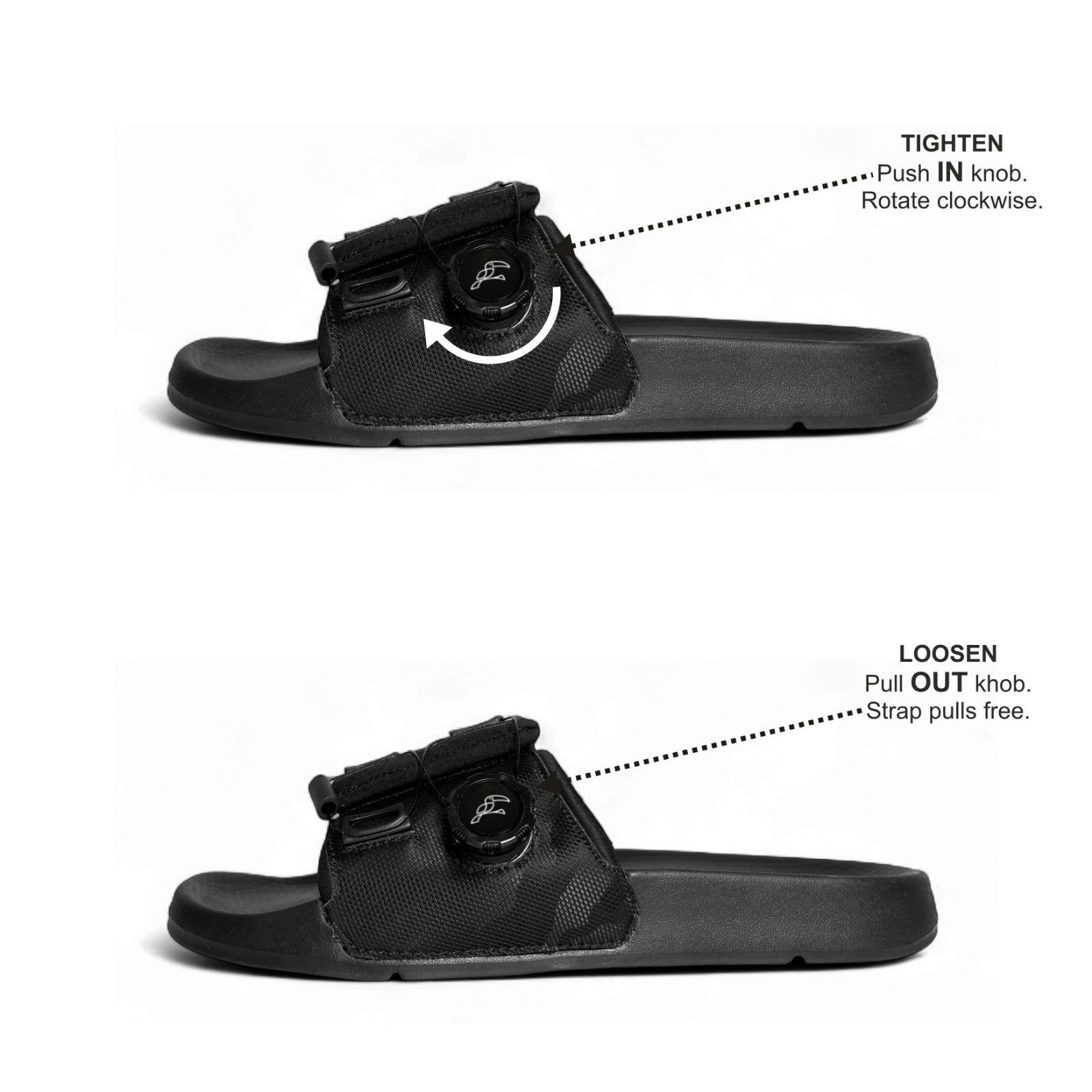 Black Toucantoes sandal with adjustable strap, tightening and loosening instructions shown.