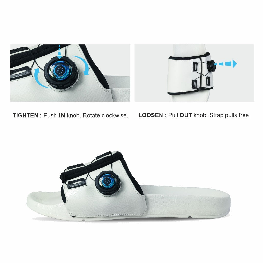 White Toucan Toes slide sandal with adjustable dial strap for customizable fit