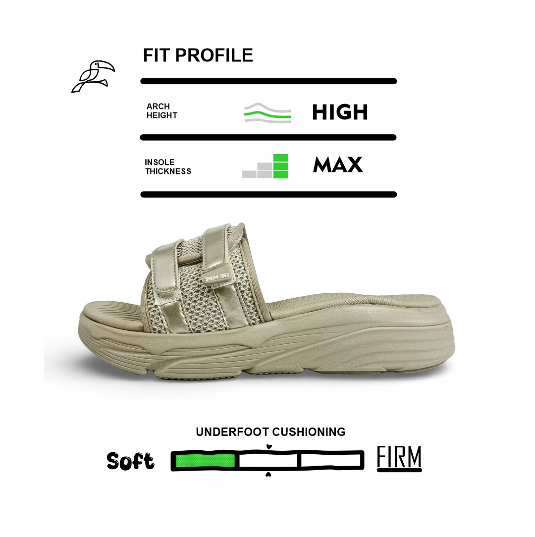 Beige Toucantoes slide sandal with high arch support, max insole thickness, and soft cushioning.