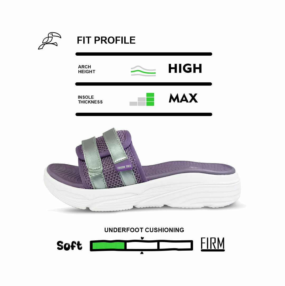 Toucantoes purple slide sandal with high arch support, max insole thickness, soft cushioning.