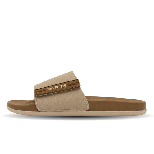 Toucantoes Bruce men's slides in beige, side view showing the cushioned sole