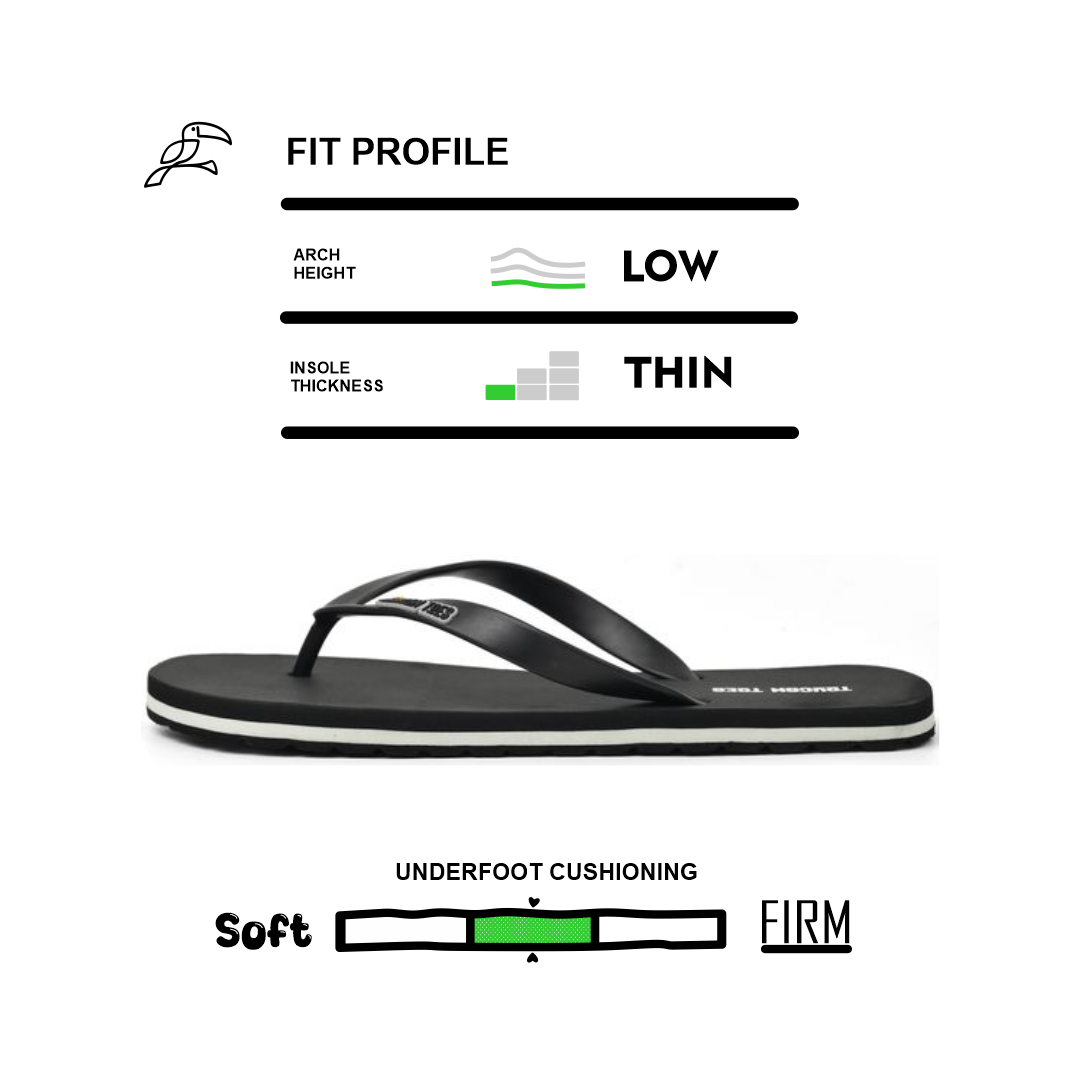 Toucantoes black flip-flop with low arch, thin insole, and moderate underfoot cushioning.