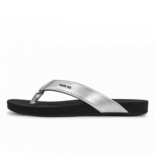 Flair women's flip-flops in black with silver strap, side view showing the AirSoft Cushion EVA sole
