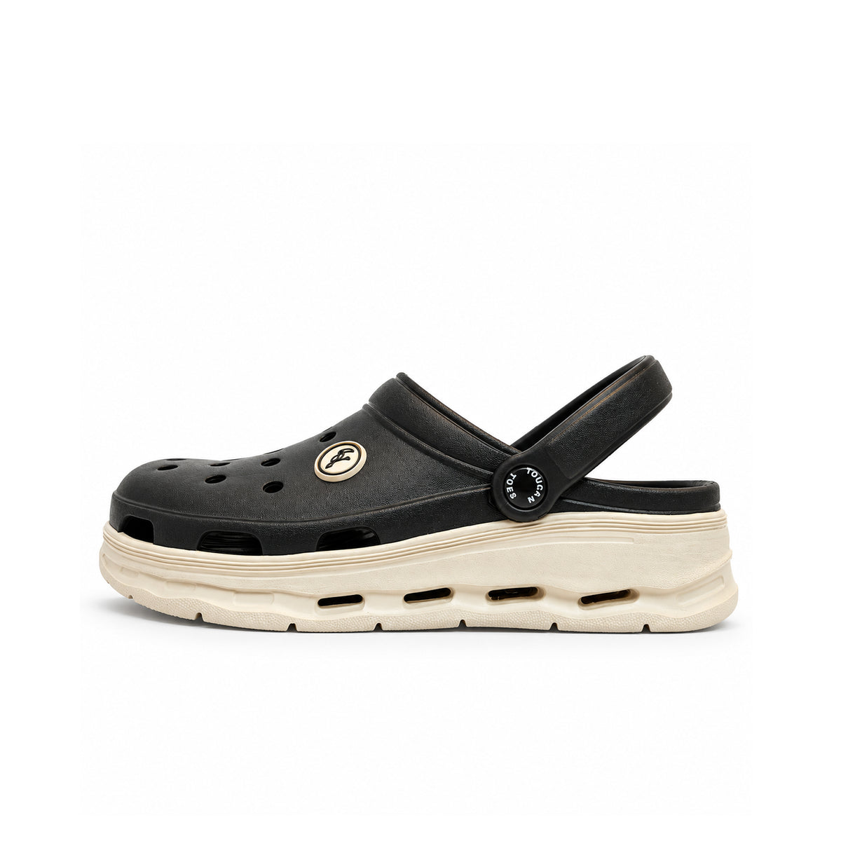 Toucantoes Frank men's clogs in black and off-white, side view showing the cushioned sole