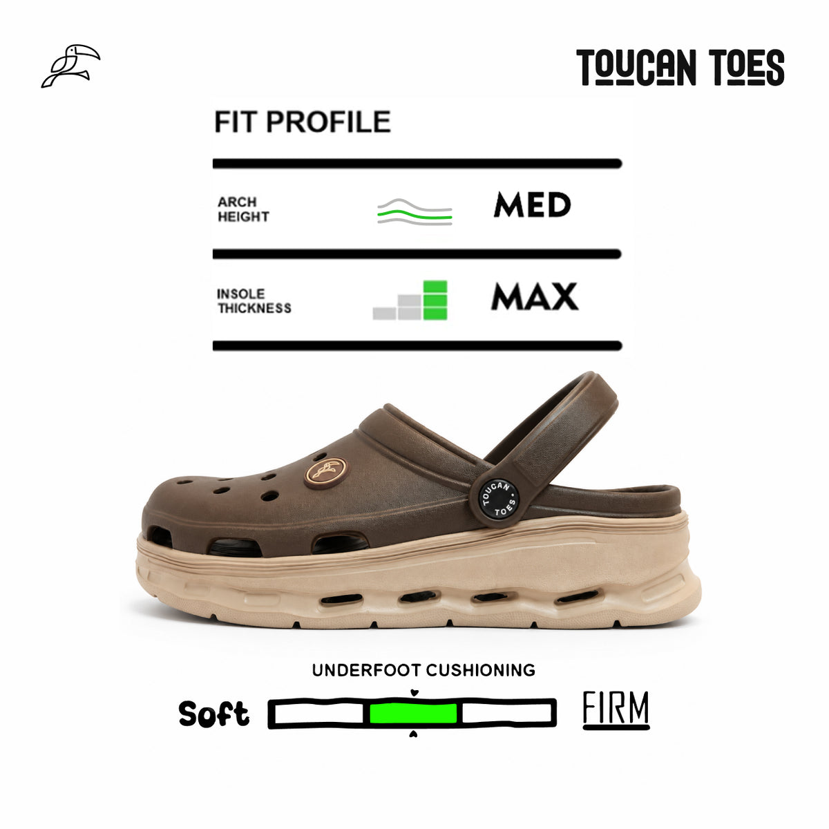 Toucantoes Frank clog fit profile and cushioning softness chart