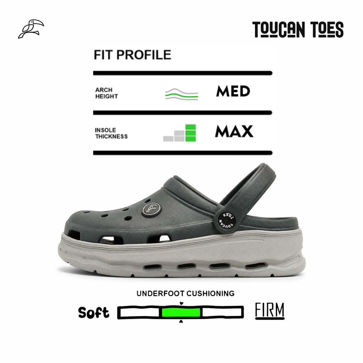 Toucantoes Frank clog fit profile and cushioning softness chart