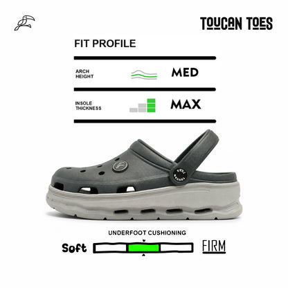 Toucantoes Frank clog fit profile and cushioning softness chart