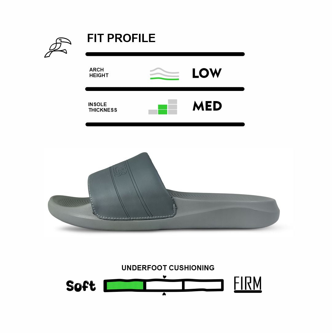 Toucan Toes grey slide sandal with low arch, medium insole, and soft underfoot cushioning