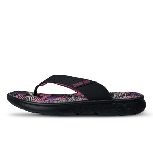 Toucantoes Palm women's flip-flops in black, side view showing the cushioned sole