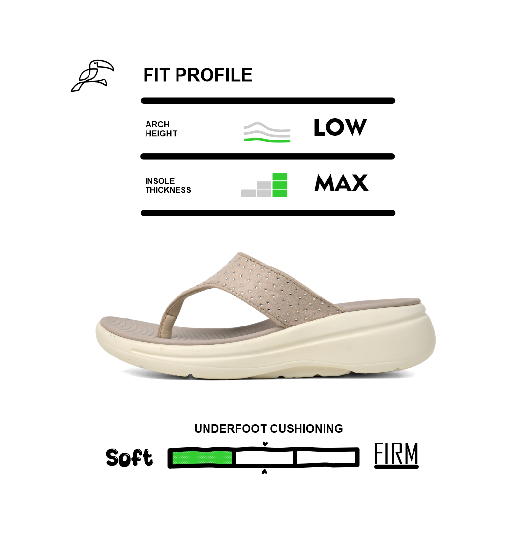 Beige Toucan Toes sandal with low arch, max insole thickness, and soft underfoot cushioning