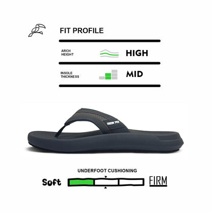 Toucantoes men's grey flip-flop sandal with high arch support, mid insole thickness, and soft underfoot cushioning, ideal for stylish and comfortable daily wear.